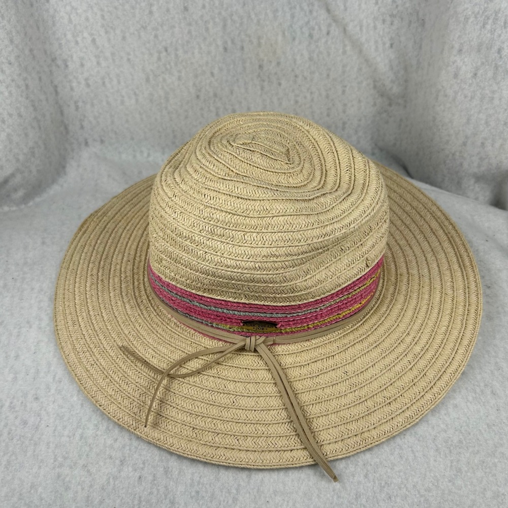 Caribbean Joe Straw Sun Hat Women OS Tan Pink Striped UPF 50 Wide Brim Beach Hat